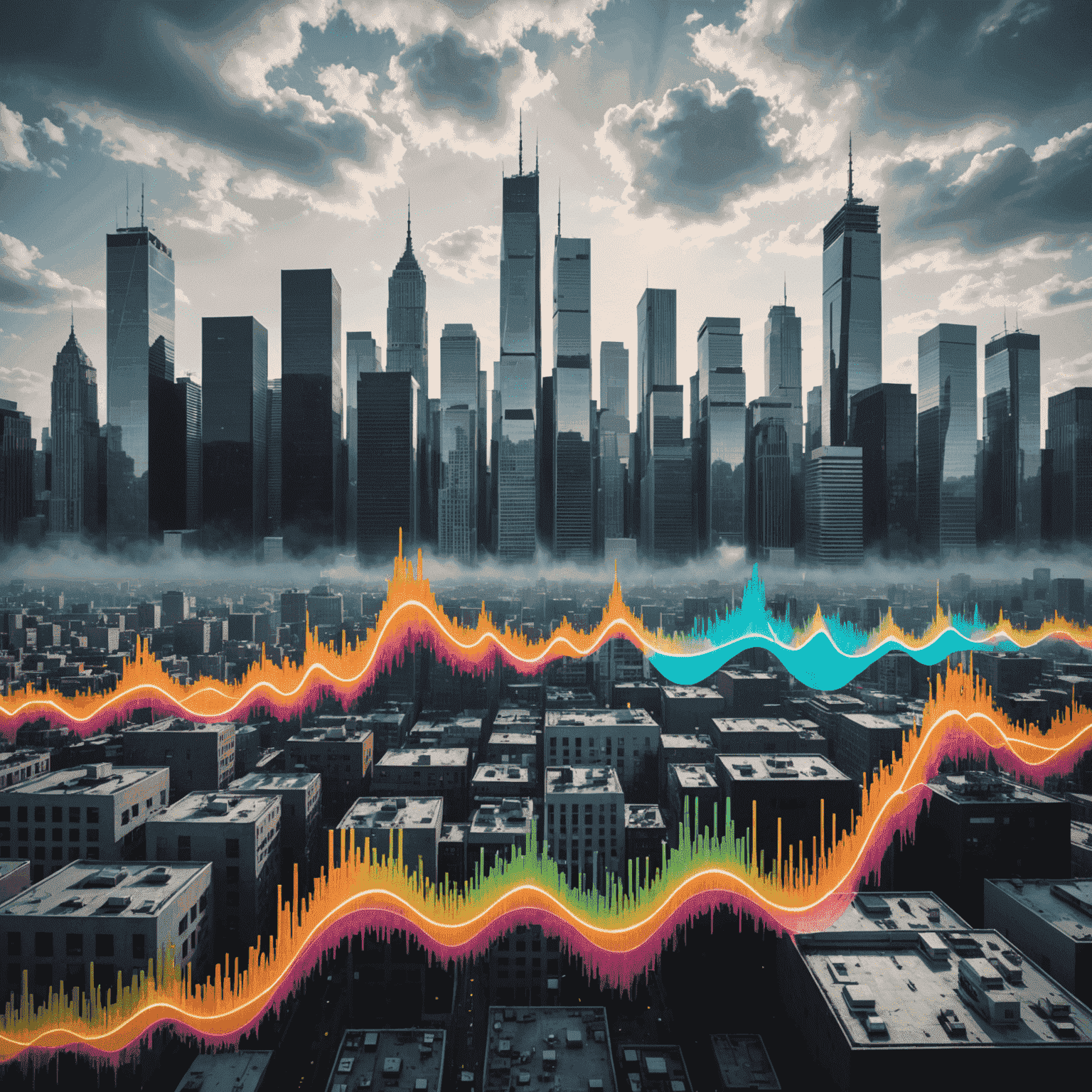 A cityscape with visible sound waves overlaying the image, representing the Urban Soundscape Project. Skyscrapers and busy streets are visible, with colorful waveforms pulsating across the scene.