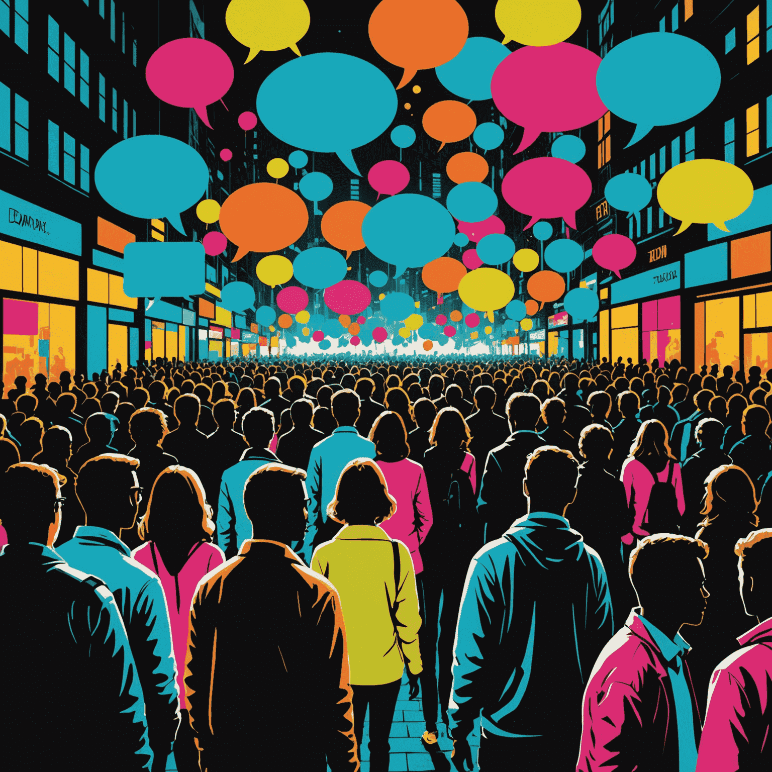 A stylized image of a crowded urban scene with speech bubbles overlapping, representing dialogues in busy city environments. Silhouettes of people are visible with neon-colored conversation indicators.