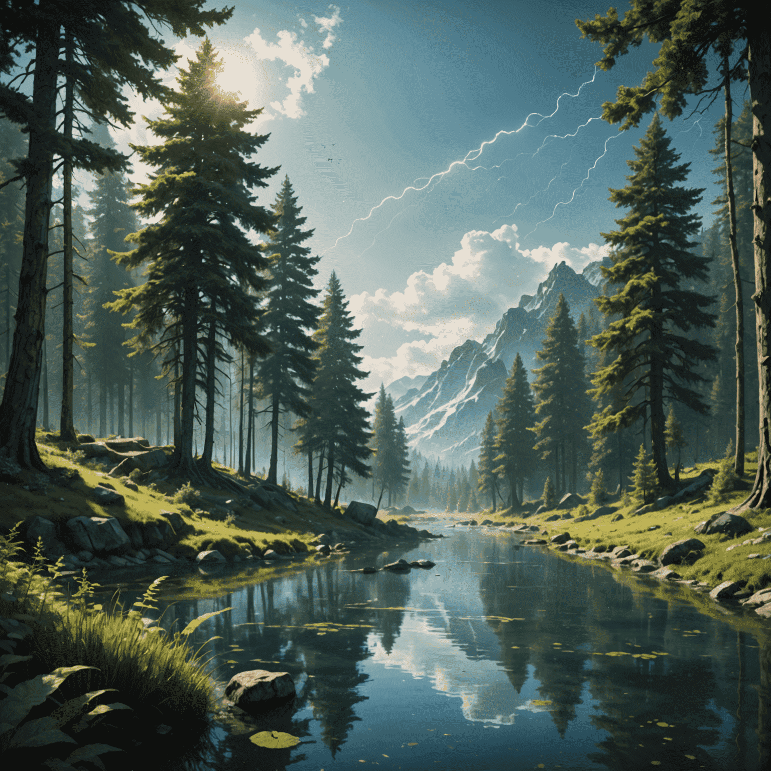 A serene natural landscape with subtle audio wave visualizations emanating from trees, water, and wildlife. The image blends natural elements with futuristic audio representation.